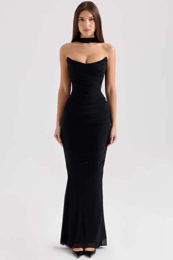 vestido-drapeado-longo-preto-choker-cauda