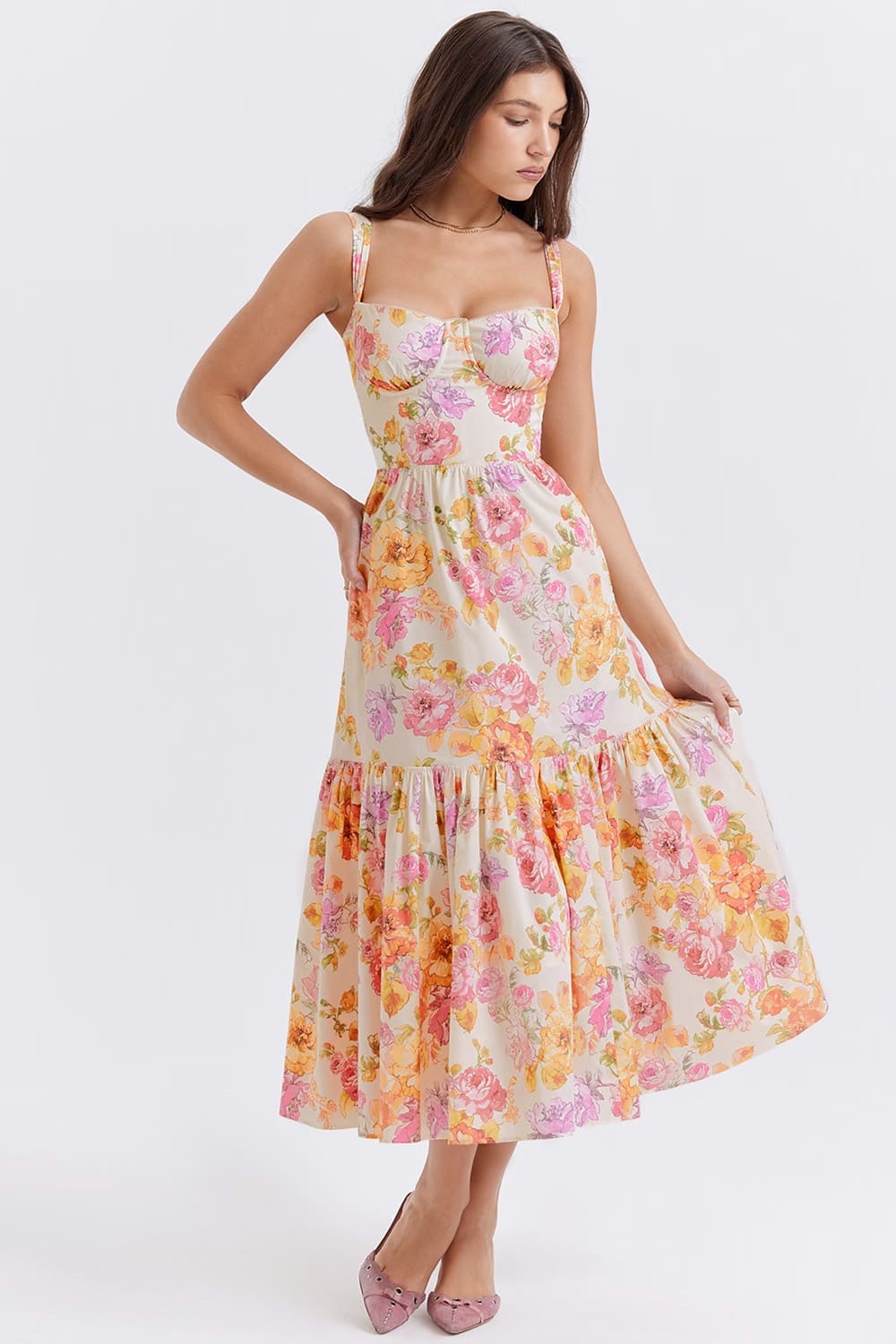 vestido-rosa-amarelo-florido-midi-babado vestido-rosa-amarelo-florido-midi-babado